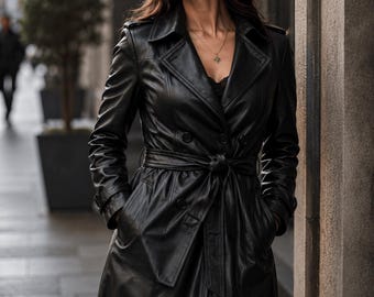 Damen Schwarz Leder Trenchcoat | Handgemachter Gothic Ledermantel | Langer Ledermantel | Elegante Alternative Fashion Jacke