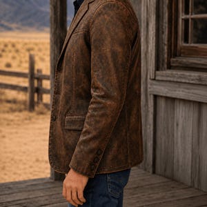 May include: A brown leather blazer with a distressed effect. The jacket features a notched lapel, a single-breasted design, and three buttons on the sleeve. It is worn with blue denim jeans.