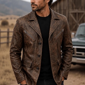 Handmade Men Vintage Distressed Genuine Sheepskin Leather Coat | Rugged Brown Blazer