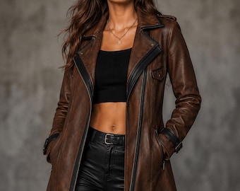 Women's Handmade Vintage Brown Genuine Lambskin Leather Trench Coat For Winter