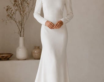 Ivory Maxi Dress, High Neck Long Sleeve, Minimalist Bridal Gown, Elegant Simple Wedding