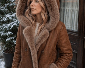 Women’s Sheepskin Shearling Coat with Fur Hood | Handmade Leather Winter Jacket
