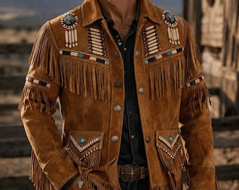 Men's Suede Leather Western Jacket with Fringe and Beads – Handmade Native Style