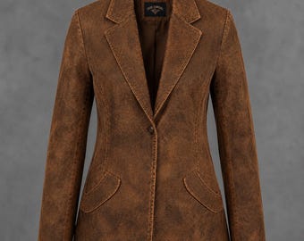 Damen Western Cowgirl Leder Blazer - Vintage Braune Distressed Wildlederjacke