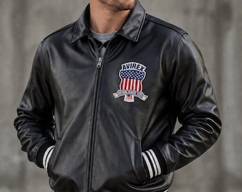 Men's Black Genuine Leather Bomber Jacket | Avirex Style USA Leather Jacket | Vintage Varsity Biker Jacket | Gift for Him