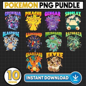 May include: A digital design bundle featuring ten different Pokemon characters, including Pikachu, Charizard, and Bulbasaur. The designs are colorful and vibrant, with each character's name displayed above them. The words "Pokemon PNG Bundle" and "Instant Download" are also visible.