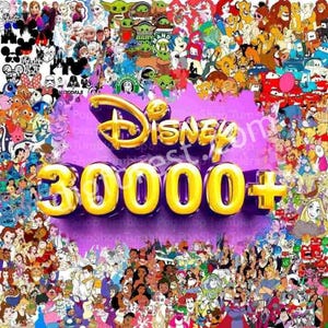 May include: A vibrant collage featuring numerous Disney characters, including Mickey Mouse, Baby Yoda, and characters from Frozen and The Lion King. The image has the Disney logo and the text "30000+" in gold.