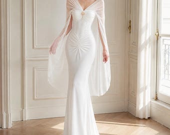 White Goddess Cape Dress, Fantasy Wedding Gown, Long Formal Dress, Medieval Elopement Dress, Romantic Evening Maxi Gown, Fairy Bridal Dress