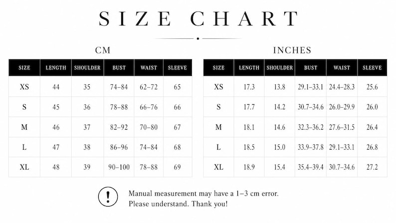 May include: A size chart table with black headers and white cells, displaying measurements in both centimeters and inches for sizes XS through XL. Columns include length, shoulder, bust, waist, and sleeve. Text at the bottom notes a 1-3 cm error.