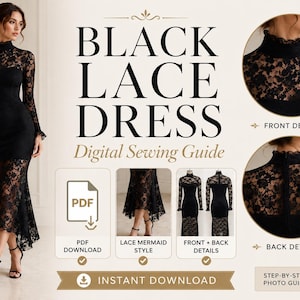 Puede incluir: Una guía de costura digital para un vestido de encaje negro, que muestra un diseño estilo sirena de manga larga con cuello alto, cuerpo de encaje transparente y falda negra sólida. La imagen incluye etiquetas de texto para los detalles.