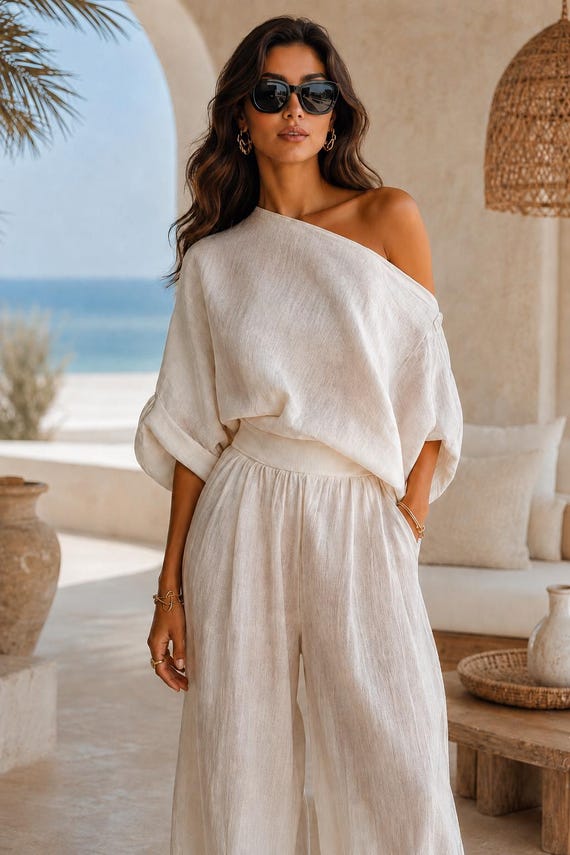 two piece bridal shower dress Ivory Set, One Shoulder Summer Outfit, Boho Beach Wedding Guest Dress, Resort Wear, Flowy Outfit Package Contents