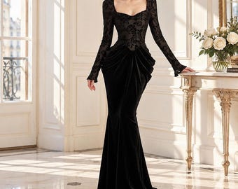 Black Velvet Evening Gown with Long Sleeves, Elegant Vintage Formal Dress, Mermaid Maxi Dress for Wedding Guest