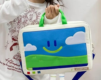 Kawaii Smiley Laptop Bag -Padded Nylon Crossbody with Cute Cloud Design, Fits 16-inch Laptops, Water-Resistant & Spacious