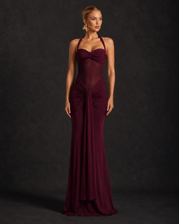 burgundy wine red prom dress Mermaid Halter Dress, Formal Evening Gown, Backless Ruched Dress, Bridesmaid Dress, Wedding Guest Gown fitted burgundy prom dresses