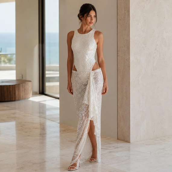 White Sequin Maxi Dress, Open Side Bridal Reception Dress, Sleeveless Evening Gown, Beach Wedding After Party Dress