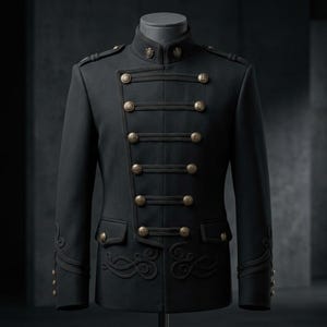 Puede incluir: Una chaqueta negra de estilo militar con botones dorados y bordados decorativos. La chaqueta presenta un cuello alto, charreteras y múltiples filas de botones. Las mangas tienen detalles decorativos cerca de los puños. La chaqueta se exhibe en un maniquí.