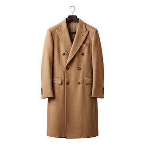 May include: A tan double-breasted overcoat hanging on a black hanger. The coat has a notched lapel, two rows of buttons, and two front pockets. The coat is made of a wool-like material and is a neutral color.