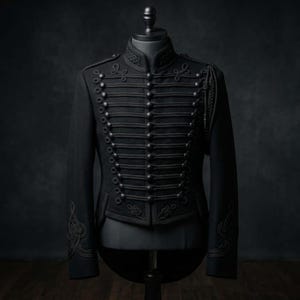 Chaqueta negra estilo militar de húsares, abrigo gótico trenzado, uniforme de inspiración victoriana, chaqueta personalizada hecha a mano para hombre.