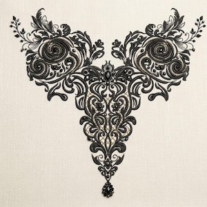 May include: A black embroidered applique featuring intricate scrollwork, floral motifs, and swirling patterns. The design includes a central vertical panel with symmetrical side elements, accented with small black beads and a dangling teardrop bead.