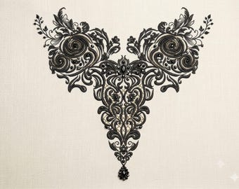 Black Embroidered Neck Lace Applique | Floral Bridal Bodice Patch