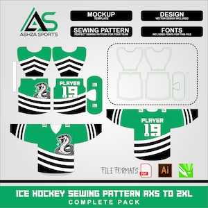 Könnte beinhalten: Ein digitales Schnittmuster für ein Eishockeytrikot in Grün, Schwarz und Weiß. Das Design zeigt eine Schlangengrafik, den Text PLAYER 19 sowie Vektor-Mockups, Nähvorlagen und Dateiformat-Symbole für PDF-, AI- und EPS-Softwareanwendungen.