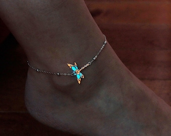 Dragonfly Anklet Glow in the Dark / Sterling Silver 925 Bracelet /