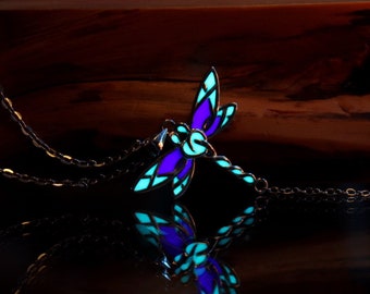 Dragonfly Pendant Glow in the Dark / Sterling Silver 925 Necklace /