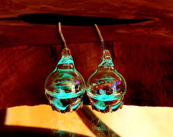 Glow in the Dark Glass Bubble Earrings, Sterling Silver Tassels