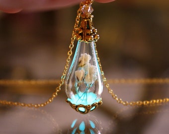 Baby's breath Pendant / Glow in the Dark /  Real Flower Necklace / Glass Tear Drop Pendant /