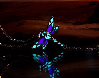 Dragonfly Pendant Glow in the Dark / Sterling Silver 925 Necklace /