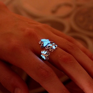 Butterflies Ring Glow in the Dark / Sterling Silver Ring / Multi colors Butterflies / Adjustable ring /