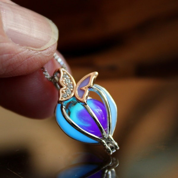 Butterfly Locket / Glow in the Dark / Rose Gold Butterfly Necklace / Sterling Silver 925 /