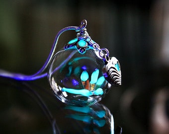 Tiny Dragonfly Pendant / Glow in the Dark / Glass Bubble Pendant / Heart Necklace / Nature /