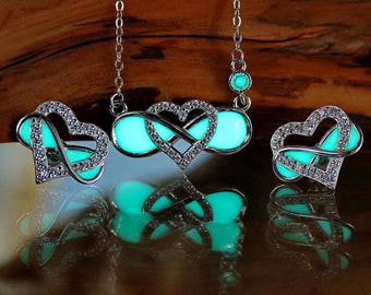 Infinity Heart Pendant and Earrings - Sterling Silver Set - Glow in the Dark - Love Necklace