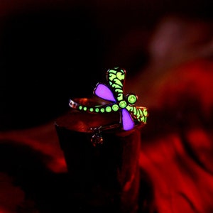 Silver Dragonfly Ring / Glow in the Dark / Sterling Silver 925 Ring /