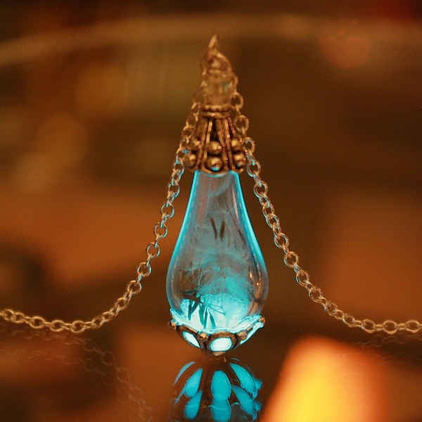 Dandelion seeds Pendant / Glow in the dark / Gold Pendant / Glass Teardrop Pendant / Silver Pendant /