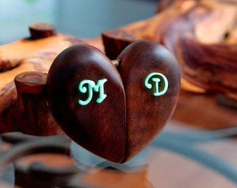 Walnut Wood Ring Box Heart Shape / Glow in the Dark / Initials on Wood Box /