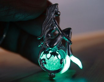 Mermaid Locket Glow in the Dark / Sterling Silver 925 Necklace / Glass bubble pendant /