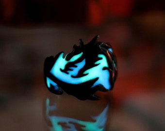 Bague dragon noire phosphorescente / Bague noire en acier inoxydable /