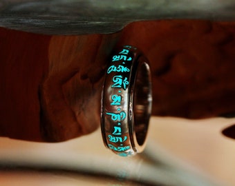 Om Mani Padme Hum Ring / Glow in the Dark / Spinner Wheel Prayer Ring 7.5mm / Meditation Zen Ring / Sterling Silver 925 /