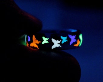 Butterflies Band Ring / Glow in the dark / Stainless Steel ring / Luminous Ring /