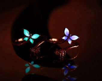 Butterfly Ring Glow in the Dark / Sterling Silver 925 Ring / Crystal heart / Adjustable Ring /