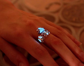 Butterflies Ring Glow in the Dark / Sterling Silver Ring / Multi colors Butterflies / Adjustable ring /