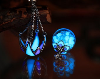 Basket Pendant Sterling Silver / Glow in the Dark / Glass bubble pendant / Iridescent glass /