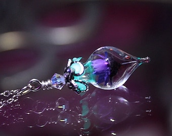 Purple Flower Pendant / Glow in the Dark / Glass Teardrop Pendant /