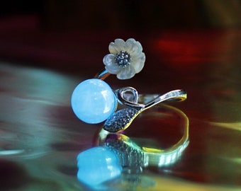 Flower Ring Glow in the Dark / Sterling Silver 925 Ring / Adjustable Ring /