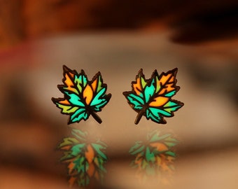 Stud Earrings Glow in the Dark / Stainless Steel Maple Leaf / Silver or Gold Earrings /