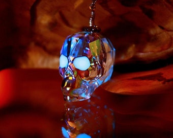 Crystal AB Skull Necklace / Glow in the Dark / Sw Crystal Gothic pendant /