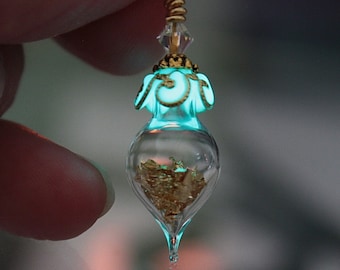 Gold Flakes Pendant Glow in the Dark / Tear drop Glass Pendant /