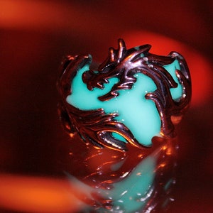 Peut inclure: Une bague en argent avec un motif de dragon. Le corps du dragon est rempli d'une r&eacute;sine turquoise qui brille.